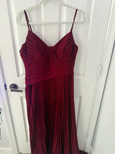 Azazie Burgundy Chiffon Pleated V-Neck Spaghetti Strap Maxi Gown Zip, Women's 12