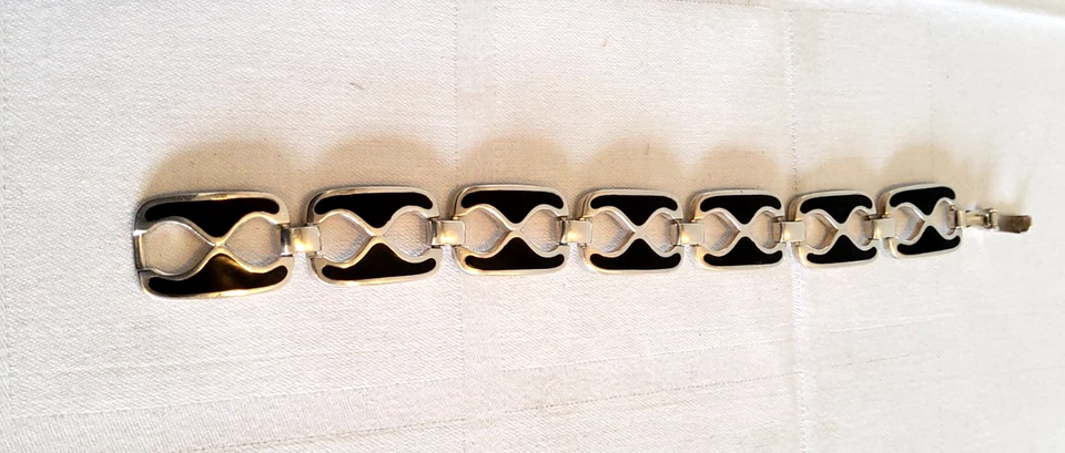 Selten Vintage 835 Sterlingsilber Onyx Armband Mexiko Handarbeit Topzustand