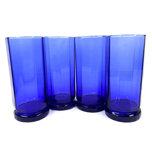 Vtg Anchor Hocking Cobalt Blue 10 Panel Essex Tall 16 Oz Tumbler Glasses Set 4