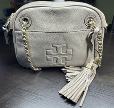 Tory Burch Thea Chain Crossbody Bag Gray Pebbled Leather Tassel Gold Hardware