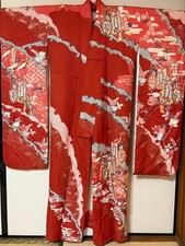 Japanese Kimono Furisode Pure Silk Gold Color Imperial Carriage Dynasty