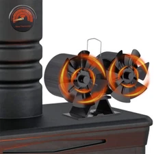 12-Blade Dual Head Heat Powered Wood Stove Fan Fireplace W/ Magnetic Thermometer