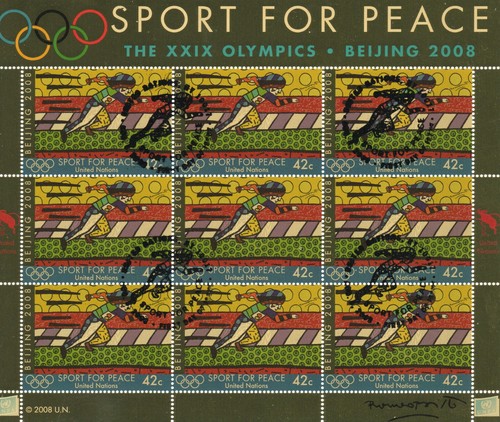 Romero Britto lot of 6 Olympic Peking 2008 GOLD-FOLIED stamp sheets *MINT* - Picture 7 of 7