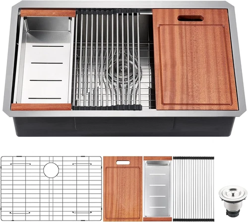 33 Inch Stainless Steel Undermount Kitchen Sink Single Bowl Workstation Sink