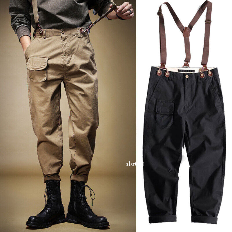 American Retro Men's Casual Pants Straight Suspenders Work
