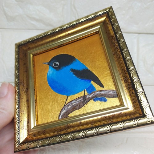 Original Pájaro Azul Pintura Pájaro en una Rama Obra de Arte Enmarcado en Oro Bluebird Arte - Imagen 8 de 10