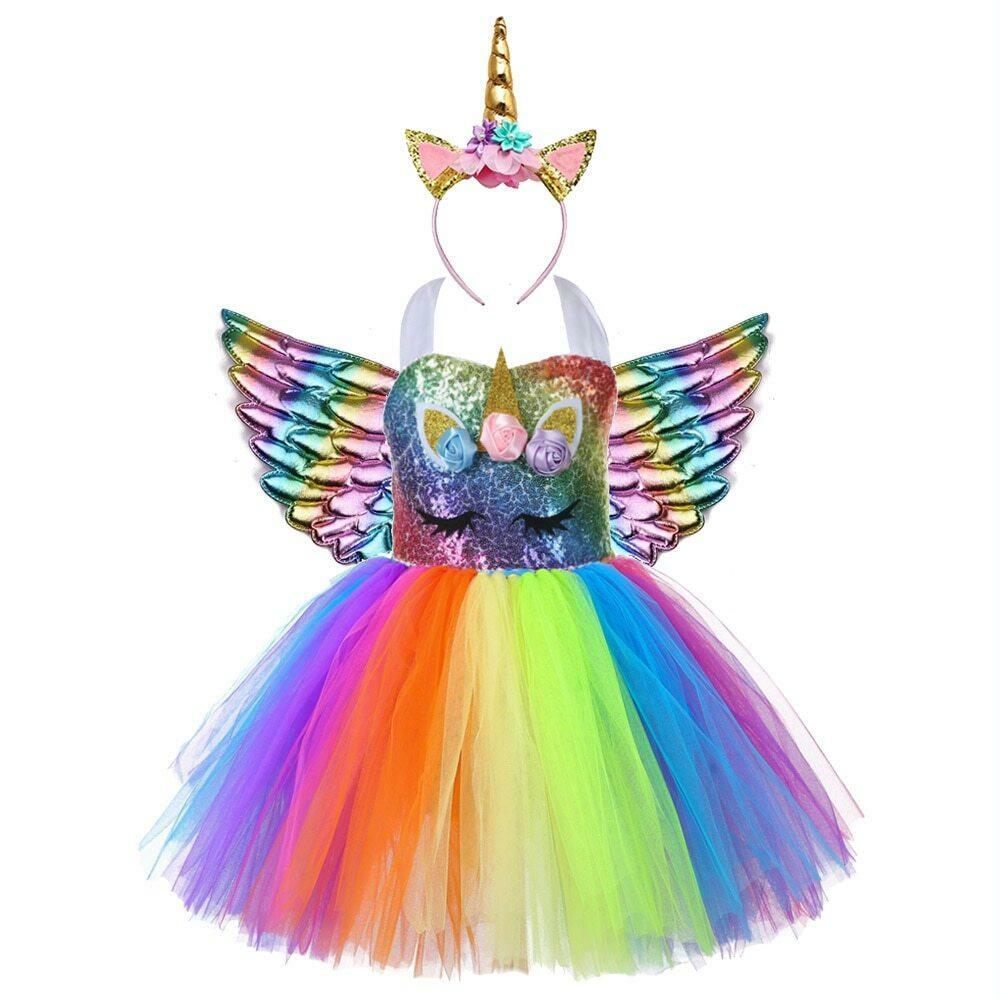 Baby Unicorn Sequin Dress Fairy Wings Kids Tutu Skirt Horn Party Girls  Clothes