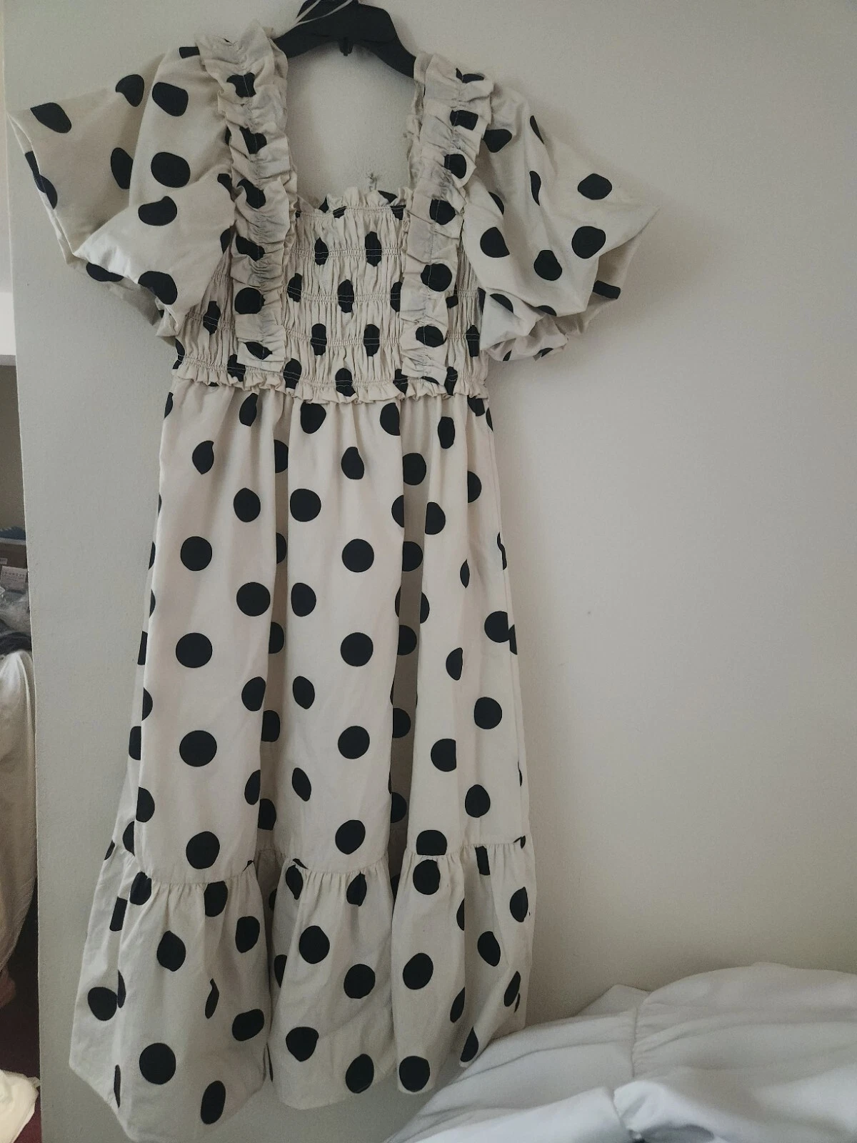 OFF WHITE Abito midi a pois a pois inglese smockato in fabbrica bianco con punti neri taglia M