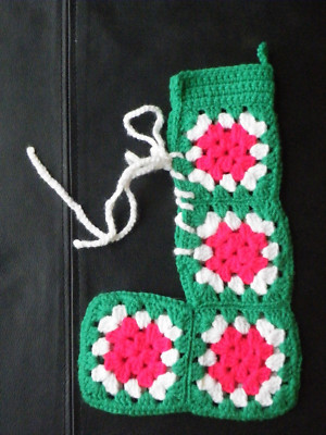Vintage Hand Crafted Green Red Crochet Granny Squares Christmas Holiday Stocking