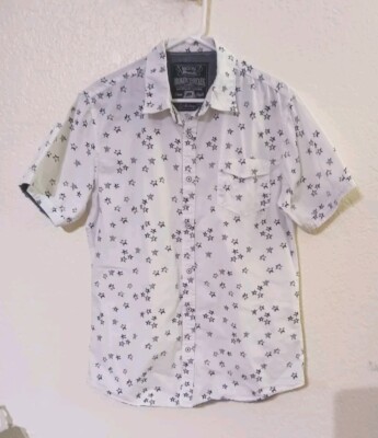 BROKEN TREADS*White w Black Stars Short slev Shirt*Size XL*Cotton*Button Collar