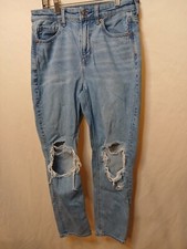 American Eagle Mom Jeans Size 4 Short Light Wash Destroyed Distressed 24" Inseam