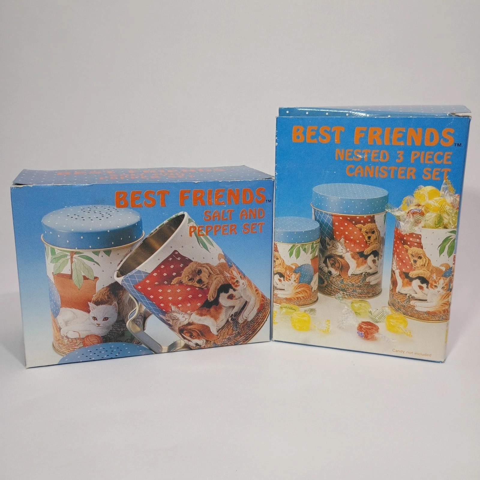 Vintage Tin Nesting Canisters Set Salt & Pepper Shakers Cat Dog JSNY 1980's New