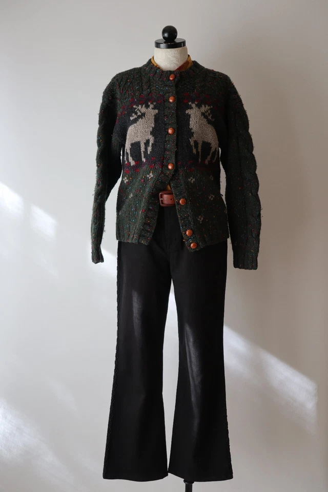 Cárdigan grueso suéter de lana de reno verde Navidad Woolrich años 90 para mujer S M Foto 3 de 4