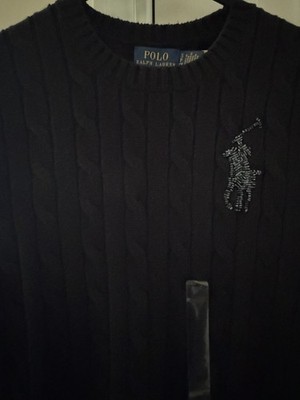POLO RALPH LAUREN WOMEN'S CABLE-KNIT SMALL BLACK SWEATER BEADED