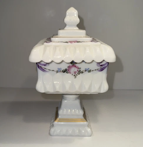 Westmoreland Milk Glass Vintage Pedestal Lidded Candy Dish Floral Leaf Design