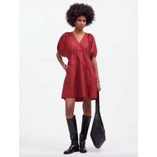 Madewell Puff Sleeve Mini Dress Poplin Claret Burgundy A Line Pockets XL NWT