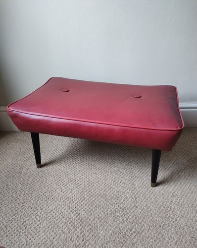 Vintage Mid-Century Red Vinyl Faux Leather Look Foot Stool Ottoman Retro MCM - Picture 1 of 12