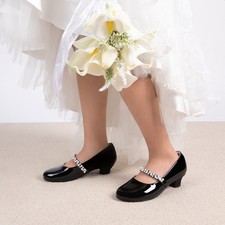 Girls Party Pumps Low Heels Mary Jane Shoes Pearl Rhinestones Wedding Shoes