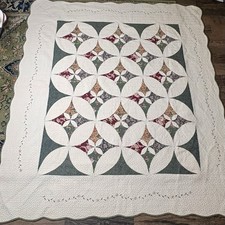 Vintage Cathedral Window Quilt Embroidered Florals 102x92" Green Burgundy Pink