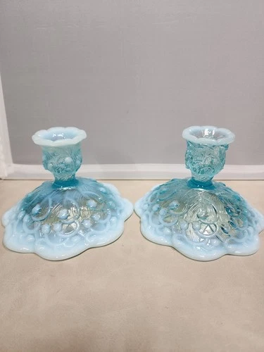 Vintage Fenton Glass Blue Opalescent Lily of the Valley Candlestick Holders (2)