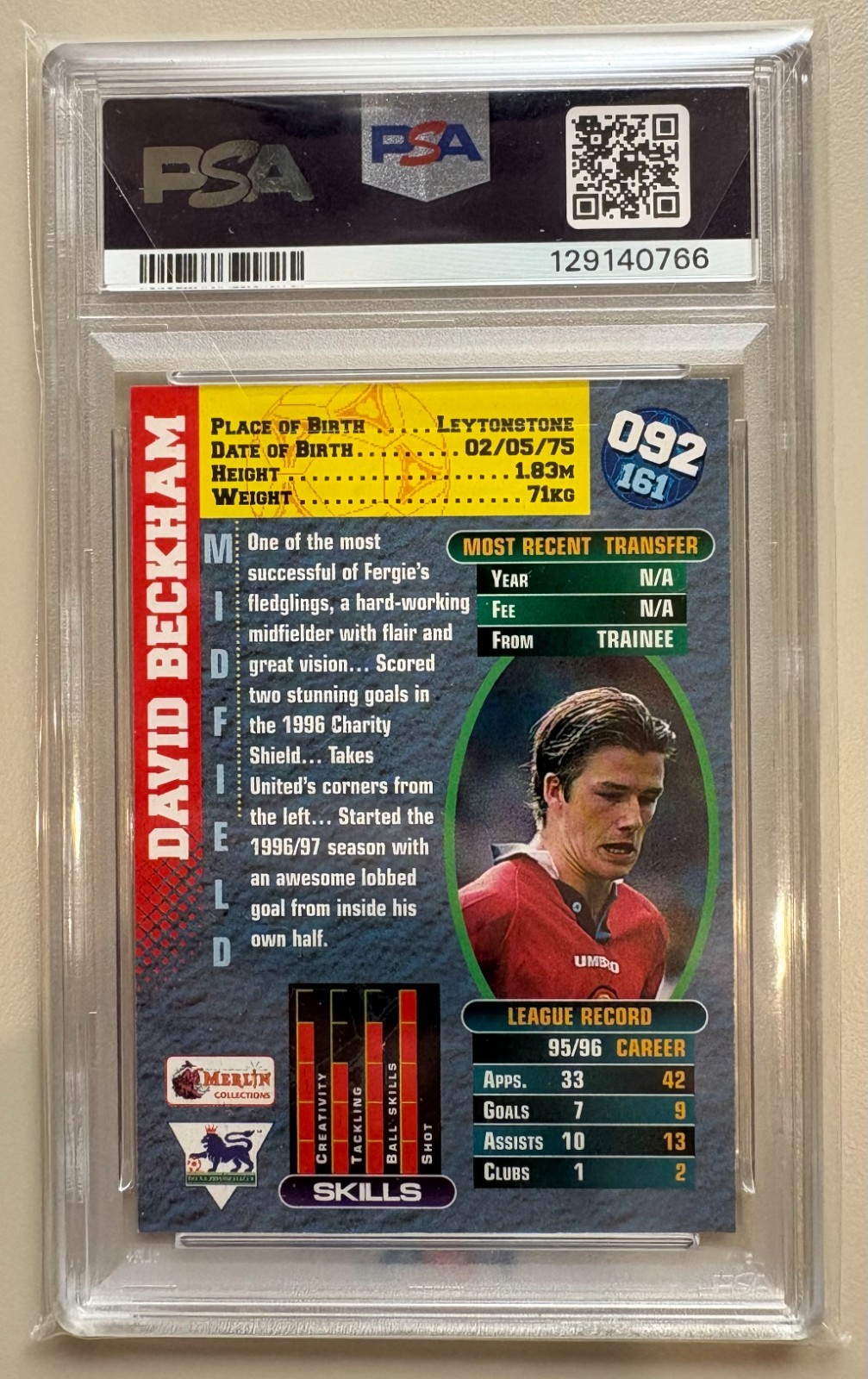 1996 Merlin Premier Gold - David Beckham #092 (RC) PSA 9 view 2