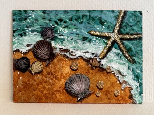 Original ACEO Coastal Beach Painting - Starfish & Seashells Ocean Mini Art