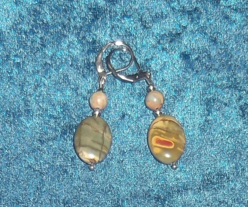 PICASSO JASPER CRYSTAL GEMSTONE EARRINGS, BROWN, DROP, PIERCED, NEW, AUSTRALIAN - Imagem 2 de 3