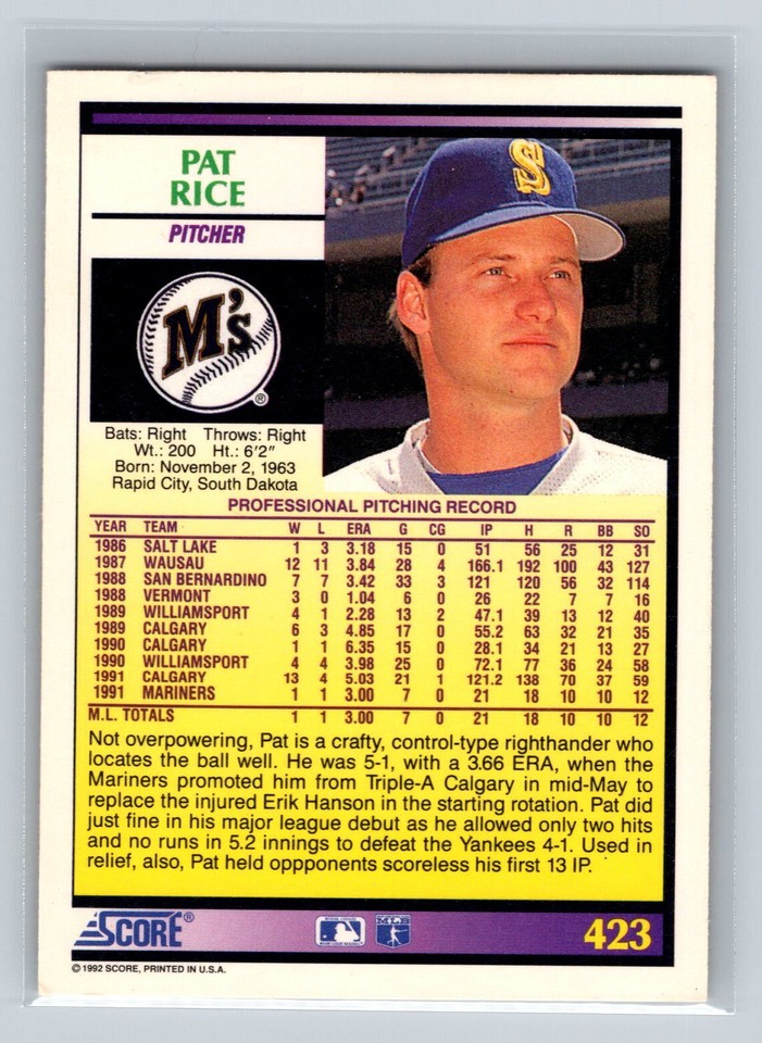 1992 Score #423 Pat Rice Rookie Prospect Mariners NM-MT | eBay