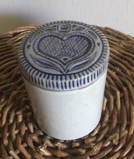Prestige Place Folk Art Small Canister Jar w Lid Heart Design Stoneware Cobalt