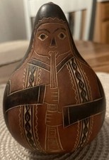 Vtg Peruvian Hand Carved Gourd Maraca Mid Century Folk Art Playing Instrument