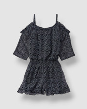 Ella Moss Kids Girls Blue Printed Ruffle Slit Cold-Shoulder Romper Sz 7/8