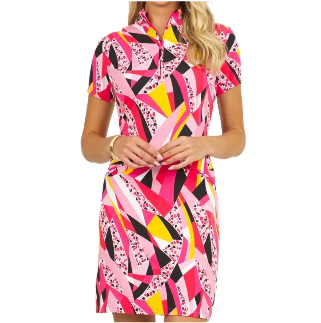 Ibkul Breathable Red Abstract Short Sleeve Zip Neck Dress Small Athletic