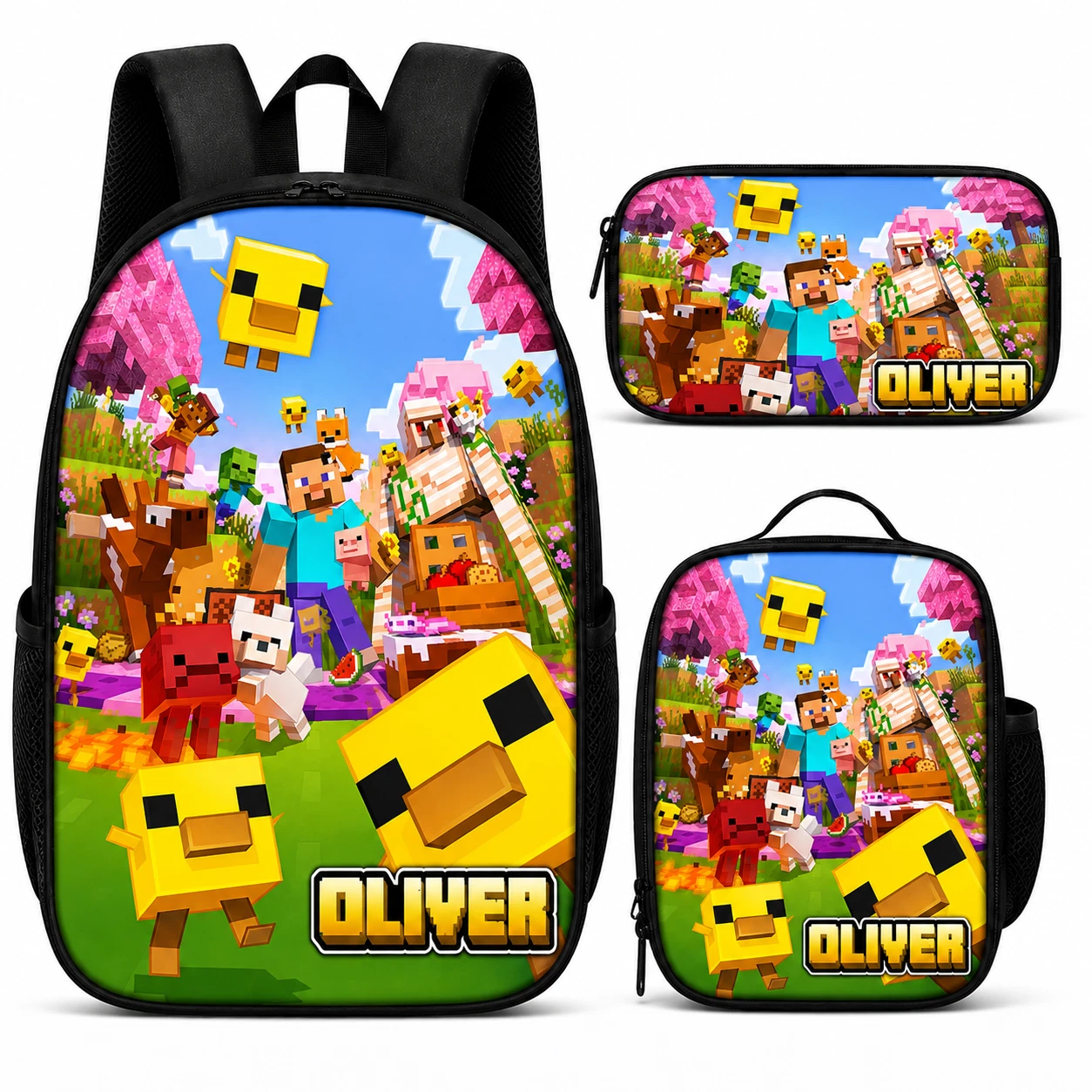Custom Name Backpack Lunch Bag Pencil Case Set Pixel Block Farm World School Bag