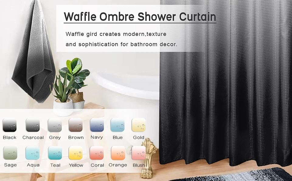 Black and White Waffle Weave Fabric Shower Curtain Set with Hooks,Waterproof ... - Image 2 of 4