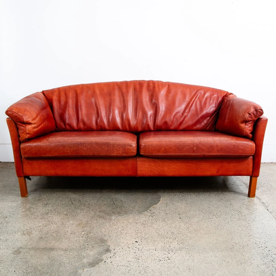 Mid Century Danish Modern Sofa Couch Ox Blood Red Leather 3 Seat Denmark Mcm - Image 2 of 4