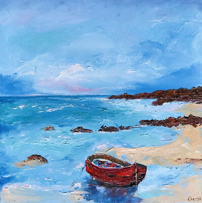 Red Boat Seascape Painting Original Art Canvas Artwork Impasto 14 by 14 in
