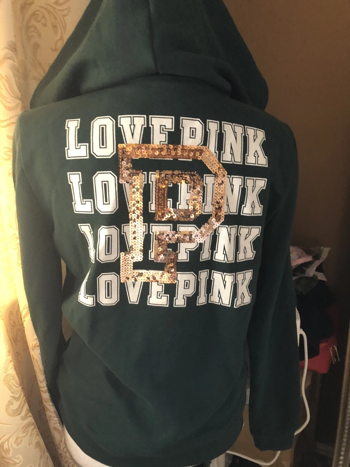 UNDERCOVER Felpa con cappuccio Victoria's Secret ROSA piccola felpa verde logo paillettes oro S❤️