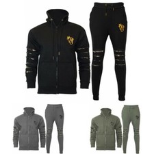 Mens Slim Fit Embroider Army Patch Cut Ripped Hoodie Top Bottom Joggin Tracksuit