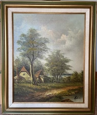 COTTAGE OIL PAINTING, Signed Original Canvas Board Country Landscape Painting