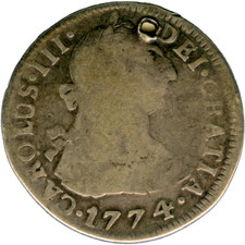 ☆ PLATA HISPANA • COLONIAL 2 REALES 1774 POTOSI JR • CARLOS III ☆ BOLIVIA ☆D0540