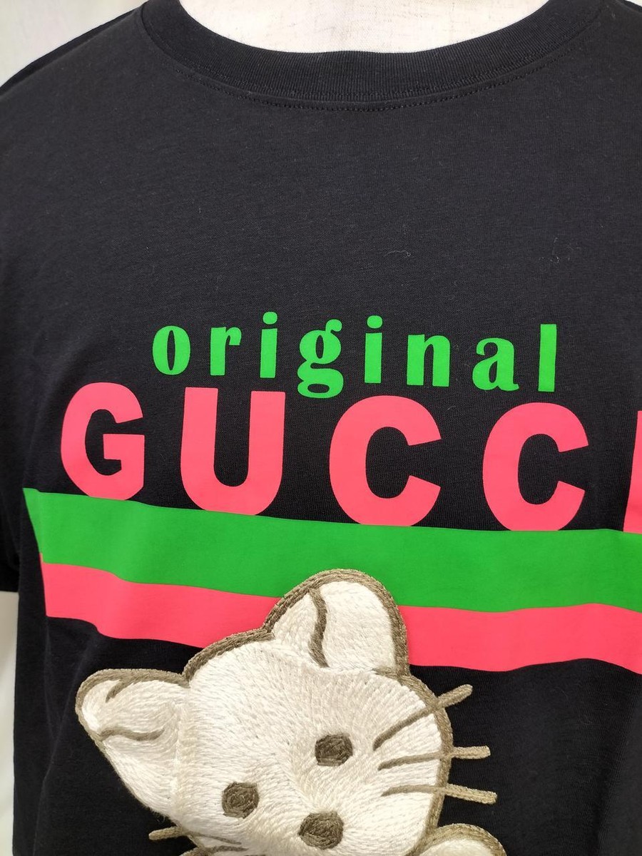 GUCCI Kitty Cat Embroidered Graphic Logo T Shirt Black Size L 175