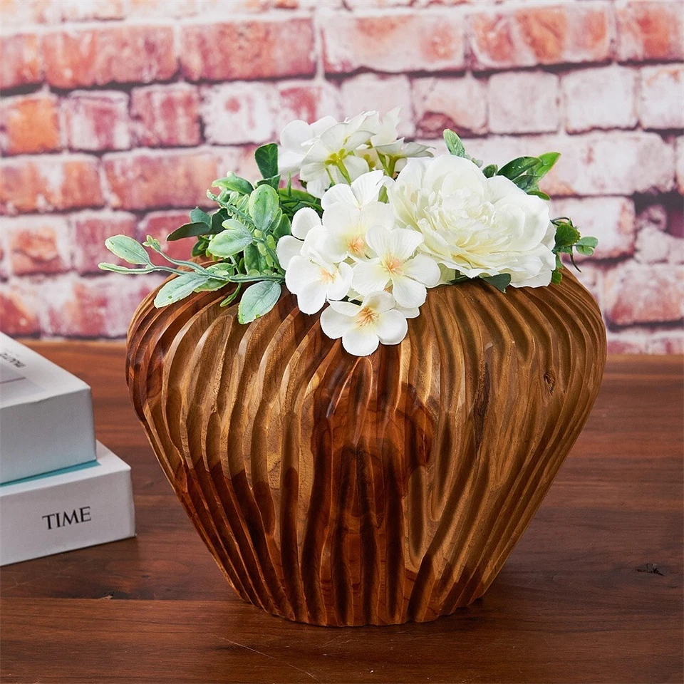 Suporte para vaso de madeira de teca maciça feito à mão e tigela decoração rústica para casa de fazenda, natural - Imagem 4 de 4