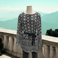 Geometric Print Long Sleeve Tunic Blouse Belted Large Boho Chic Flowy Relaxed