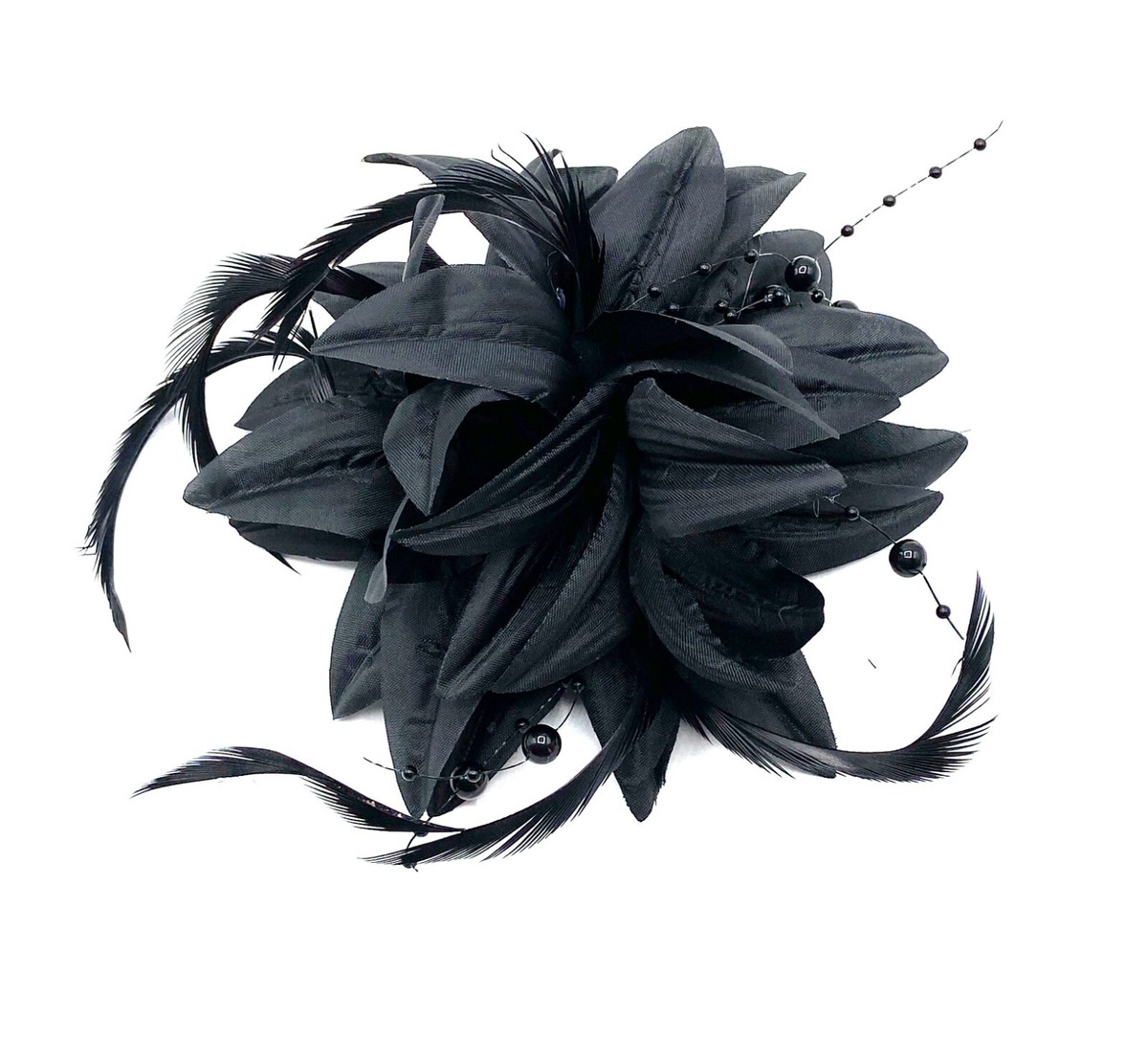 Black Beaded Feather Fascinator - Headwear kentucky derby hat fascinator white satin with netting and  main image 3