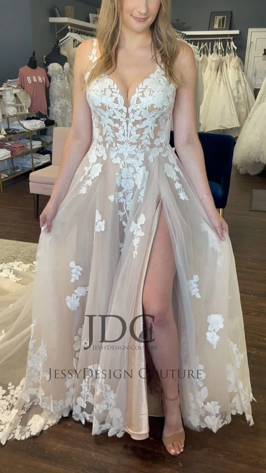Vestido de novia de encaje con hojas vestido de novia hecho a medida corsé correas abertura rubor nuevo Foto 2 de 4
