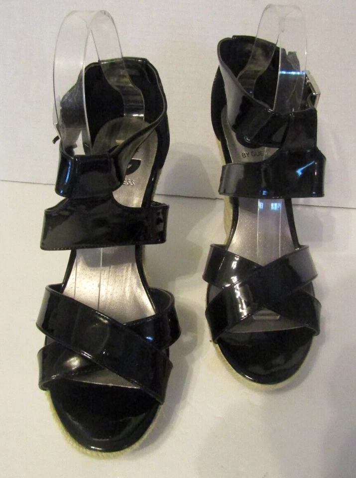 G by Guess Sandals Black Patent Leather Wedge Rope Heels Womens Size 8M - Image 3 of 4