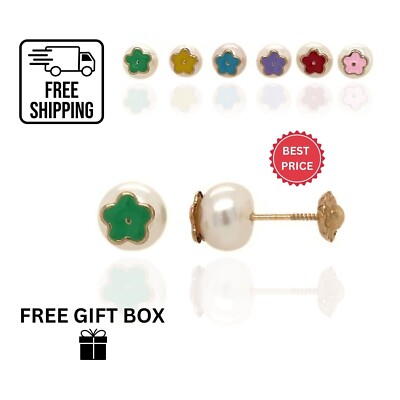 Ohrstecker 14 Karat Gelbgold Emaille Blume mit echter Perle Schraubverschluss