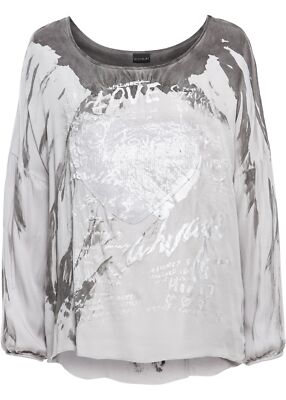 Blusenshirt mit Glitzerdruck Gr. 32/34 Hellgrau Grau Shirt Top Bluse Tunika Neu*