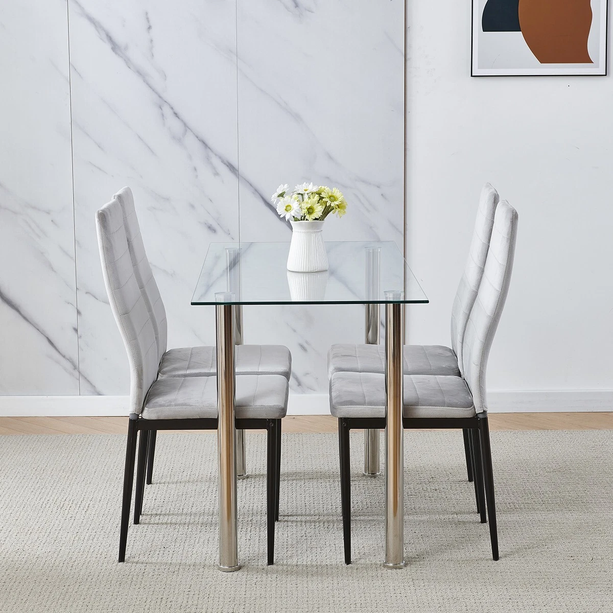 Modern 5 Piece Glass Dining Table Set for 4 with Chairs for Dining