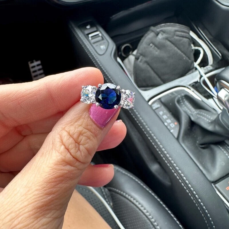 Anillo de diamantes de zafiro natural de corte redondo de 3,50 quilates de oro blanco macizo de 14 quilates talla 7 Foto 4 de 4